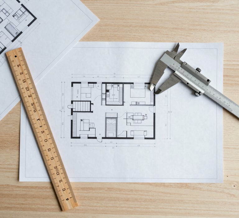Overhead flat-lay of clean technical blueprints on a light oak desk, a wooden scale ruler and a metal caliper, warm diffused daylight