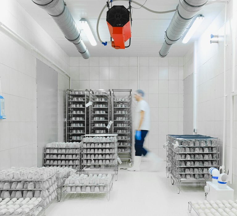 Worker in a clean food processing facility with rows of tiered cooling racks for dairy production.