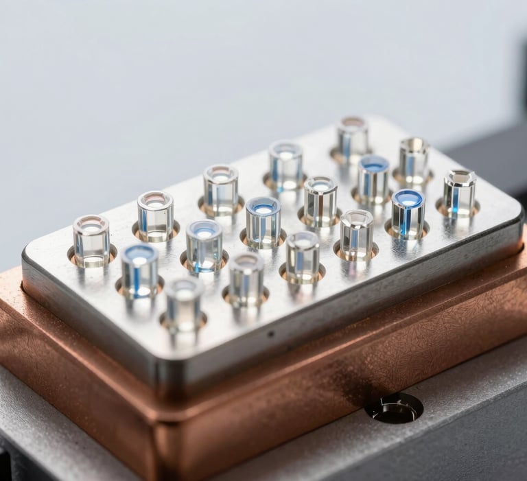 Macro shot of a laser diode array mounted on a custom copper heat sink, cold metallic surfaces, sharp white and blue highlights, industrial cleanroom background