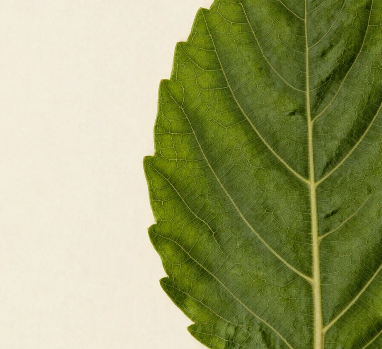Extreme close-up of a single Ayurvedic medicinal leaf pressed against the right canvas edge, north-facing daylight rendering true deep-green vein structure and surface texture, leaf filling the frame edge-to-edge on the right, generous dark-cream negative space on the left third