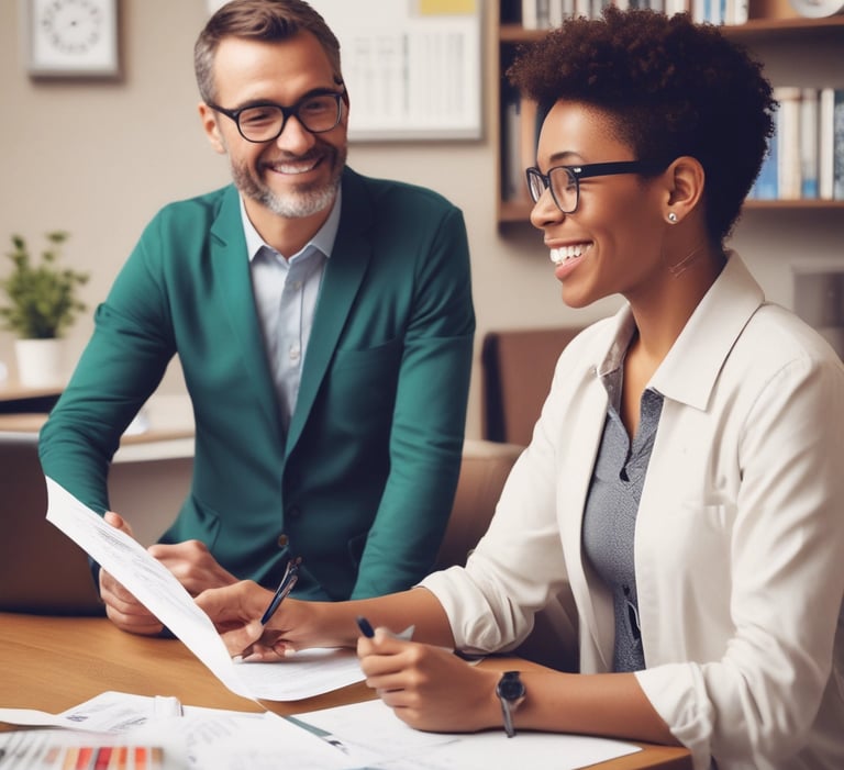 A friendly career coach offering advice to a young professional.