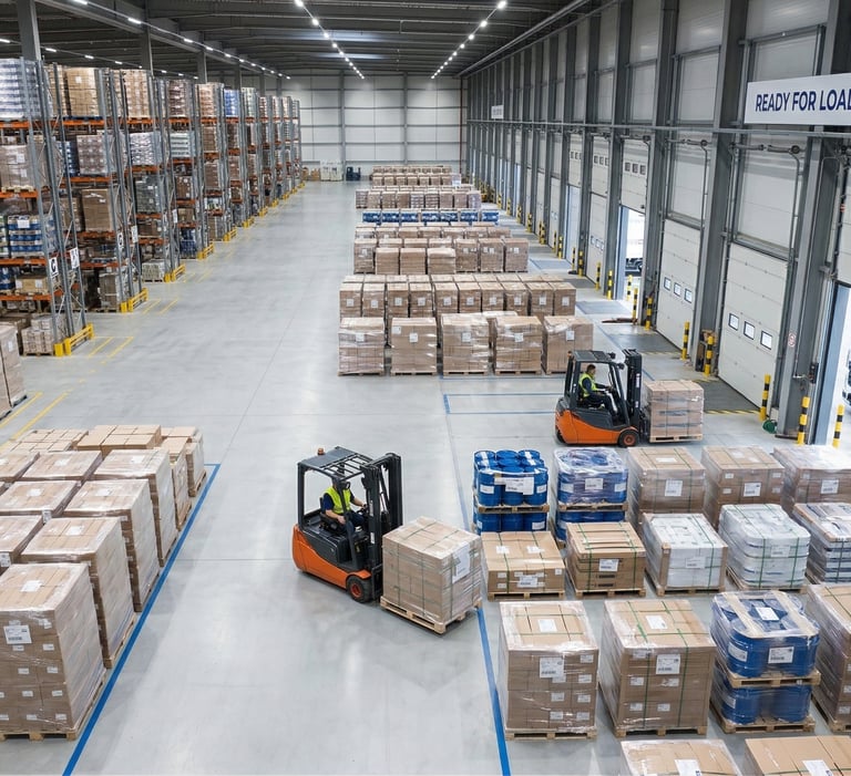 An organized warehouse view with neatly palletized goods ready for loading.
