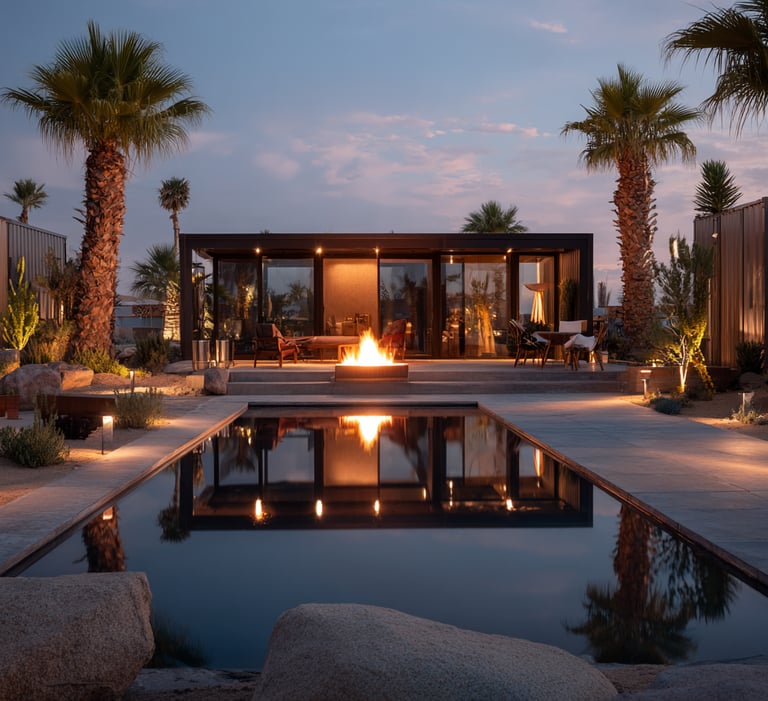 a pool with a fire pit in the middle of the night