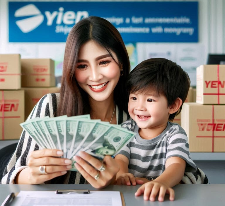 Cliente recibiendo dinero en efectivo en una sucursal de Envíos Yien con MoneyGram, ambiente profesi