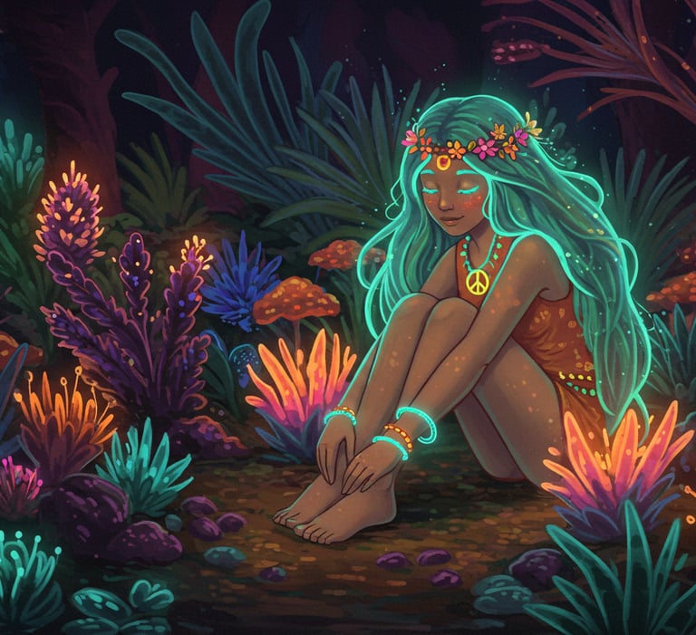 Beautiful glowing girl meditating in a garden to chill beats