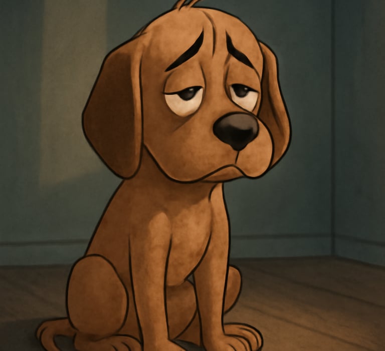 A depressed animated dog in a grim enviourment. The Dog seems to be sad. 