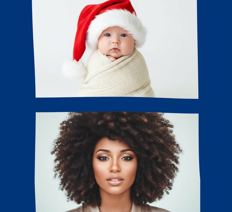 A cute baby wearing a red Santa hat and a beautiful woman with voluminous curly hair in a holiday portrait.