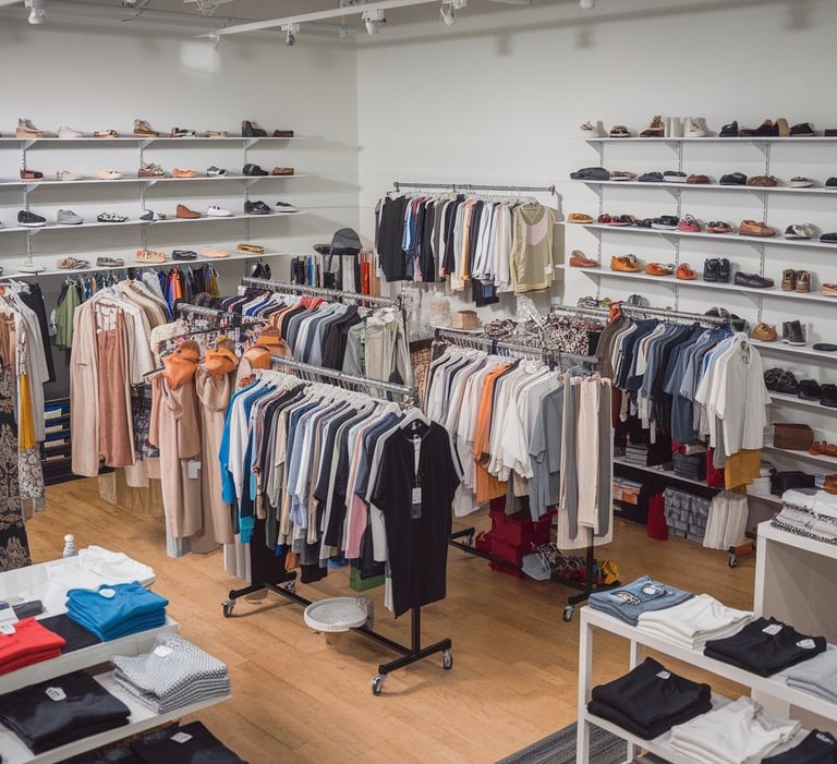 Modern clothing store interior with organized racks of casual and formal wear, neatly folded apparel.