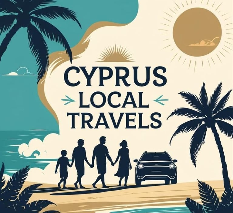 Family walking on a sunny beach with a car parked nearby – Cyprus Local Travels promoting local car 
