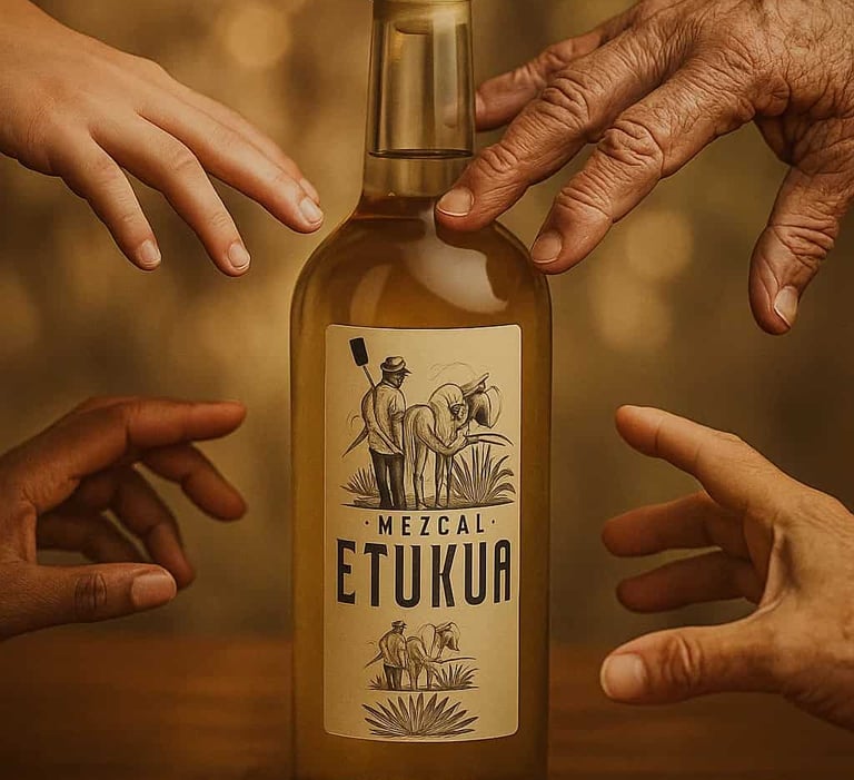 Grupo de manos alrededor de una botella de mezcal Etukua, simbolizando comunidad y pertenencia.