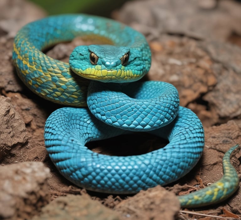Close-up of a vibrant green snake coiled on a branch in a lush forest.