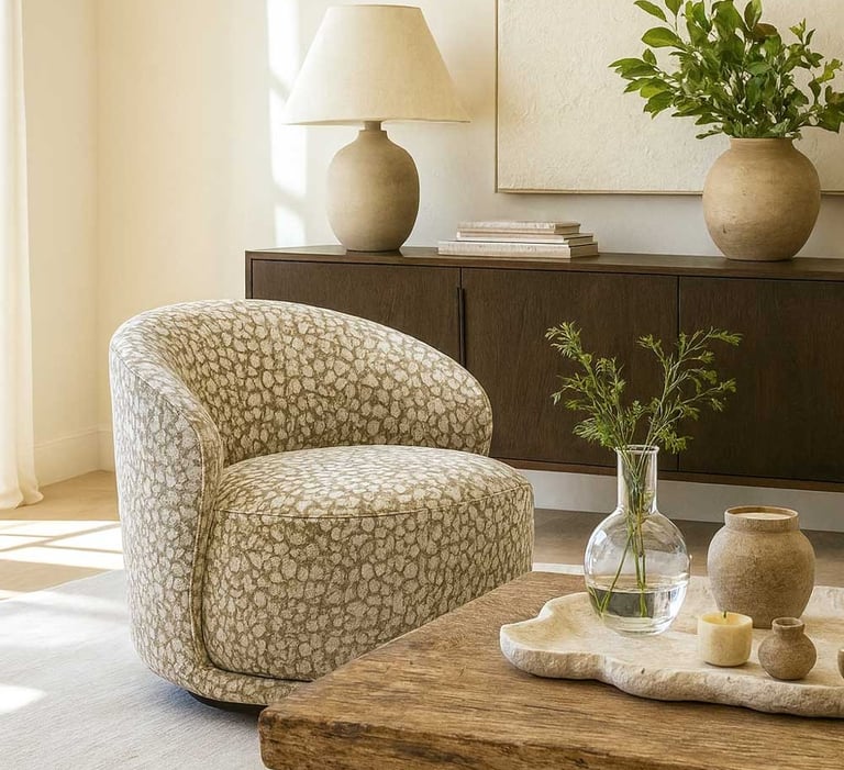 Patterned upholstered accent chair in a living room.