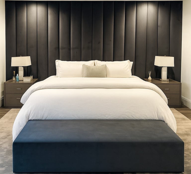 Custom upholstered bed frame with black wall panel bed by Solo Home Decor