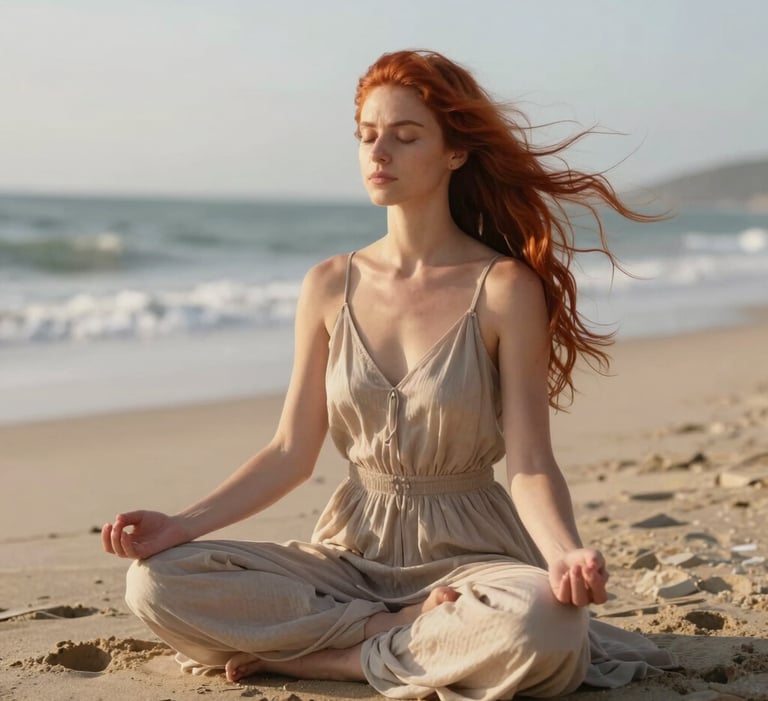 Frau die meditiert am Strand , so entspannt ist Hypnose
