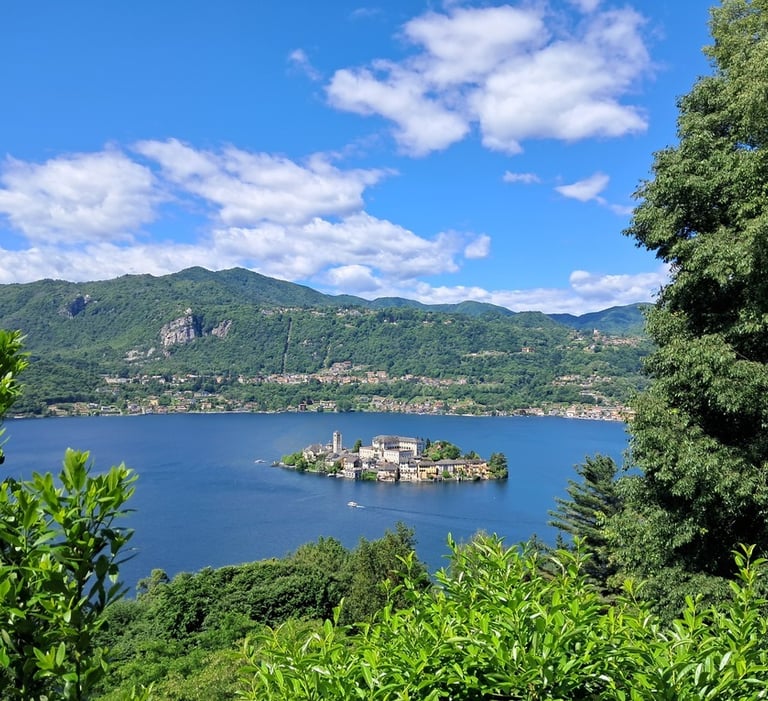 View of the Island of St. Giulio on lake Orta from the holy mount of Orta
