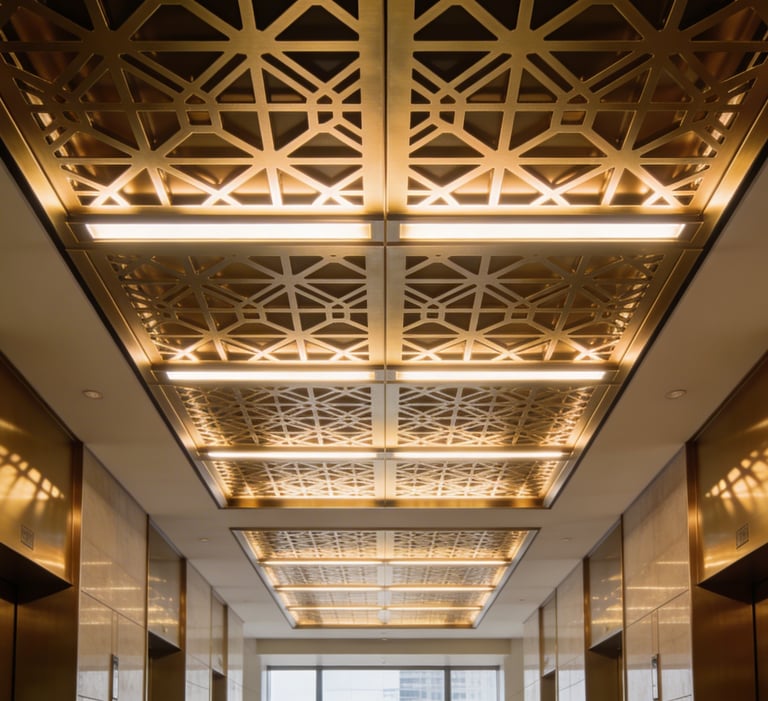 Luxury elevator lobby featuring gold geometric laser-cut ceiling panels with integrated LED lighting.