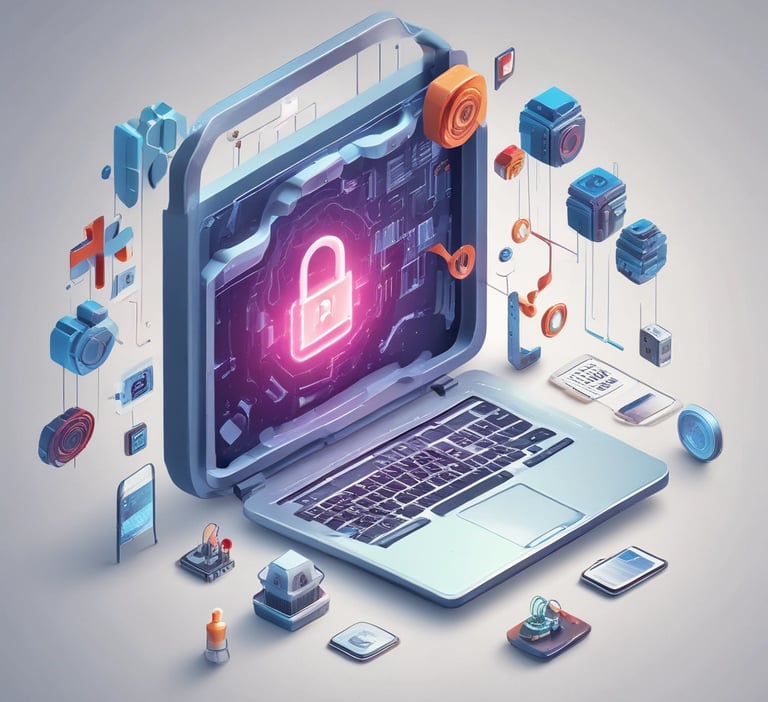 A 3D isometric laptop illustration featuring a glowing pink lock icon for cybersecurity and data protection.