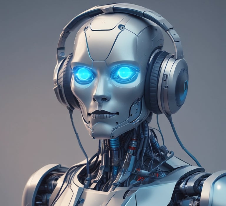 a robot with headphones and a blue light