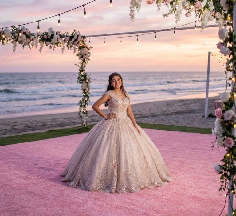 Quinceañera on hollywood beach, FL with pink artificial turf 