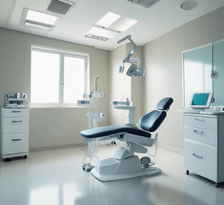 A professional appraiser carefully inspecting advanced medical equipment in a bright hospital setting.