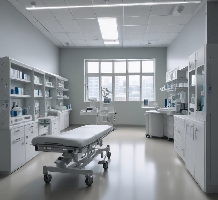 A professional appraiser carefully inspecting advanced medical equipment in a bright hospital setting.