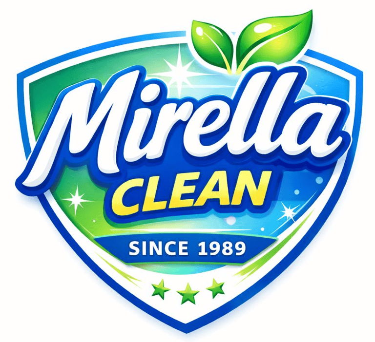 Logotipo da Mirella Clean, fabricante de produtos de limpeza profissional para uso industrial, comer