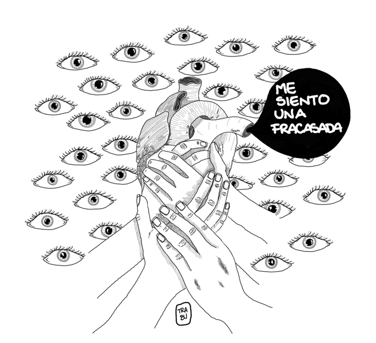Ilustración de un corazón sujetado por varias manos y observado en el fondo por varios ojos