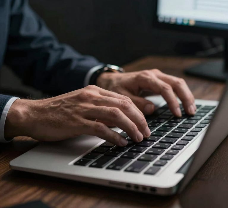 A high-contrast photo of a person's hands typing on a sleek keyboard in a dimly lit, professional North American office environment.