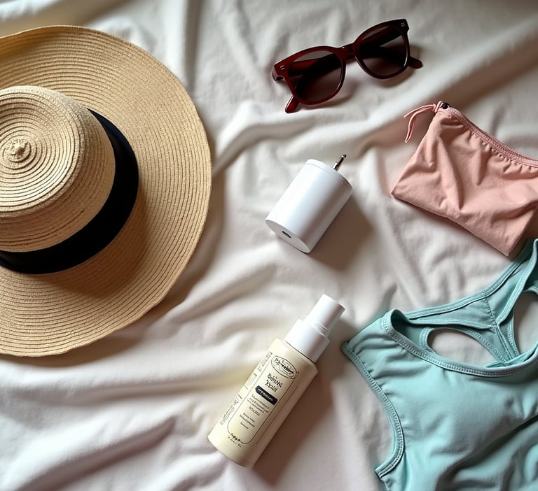 a hat, tshirt, cup and eyeglasses on the bed