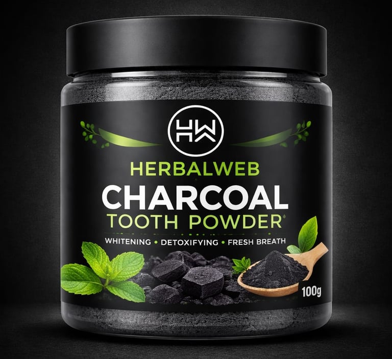 Herbalweb activated charcoal tooth powder for natural whitening and detoxifying in a 100g jar.