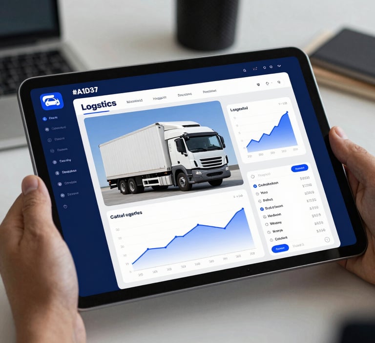 A modern workspace showing a digital tablet with a trucking logistics dashboard and financial growth metrics. Professional and authoritative atmosphere. Lighting is sharp and clean. Uses #0A1D37 and #8BAED1 prominently.