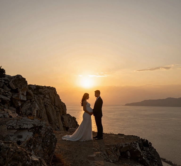 A wide angle outdoor shot of a bride and groom during a maternity shoot on a Bodrum cliffside at golden hour. The composition is minimal, focusing on the silhouette against the sunset. Warm mustard and charcoal tones in the landscape.