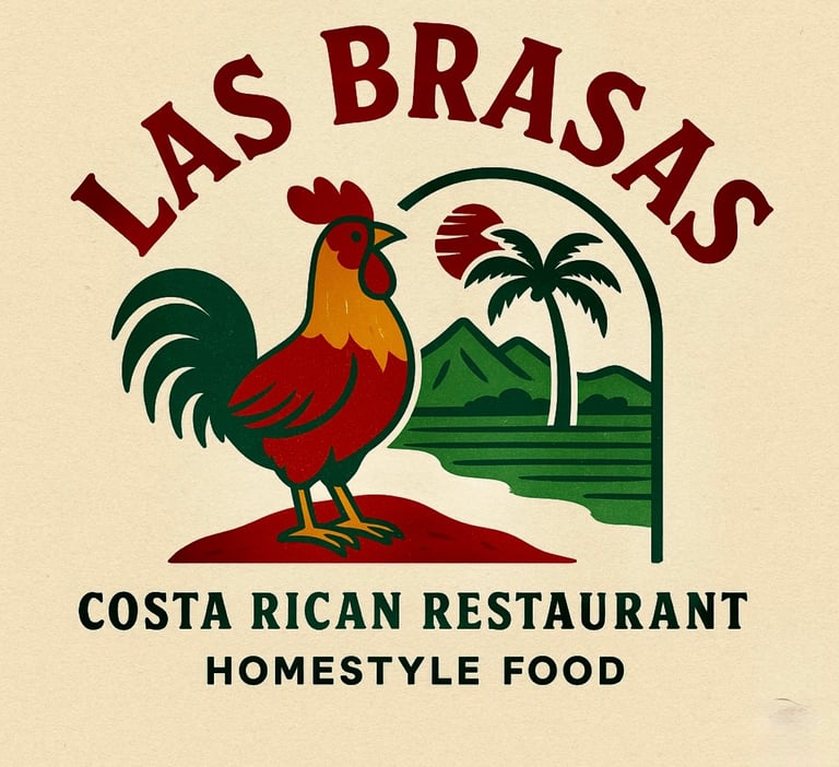 Las Brasas Costa Rican Homestyle Food Logo with rooster and palm tree
