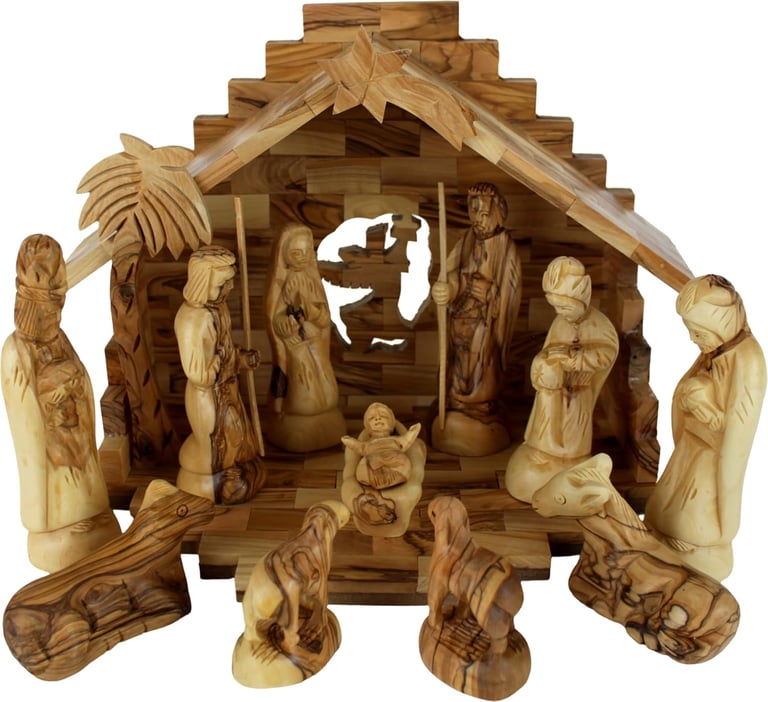 Holy Land Market Christmas Decorations Indoor - Inspirational Deluxe Olive Wood Nativity Set, Hand C