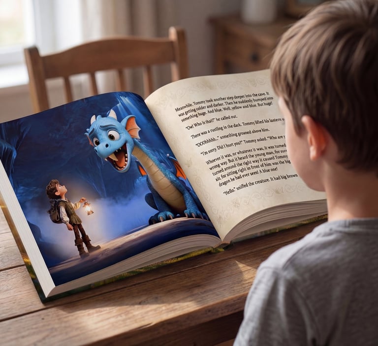 A young boy reading a children's fantasy book featuring an illustration of a boy meeting a blue dragon.