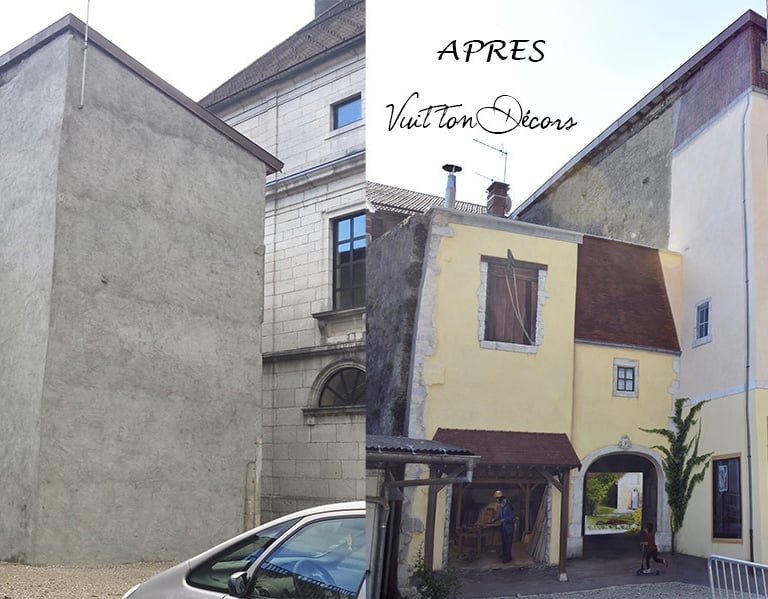 Façades vides avant la réalisation de fresques en trompe-l'oeil situées à Moirans-en-Montagne