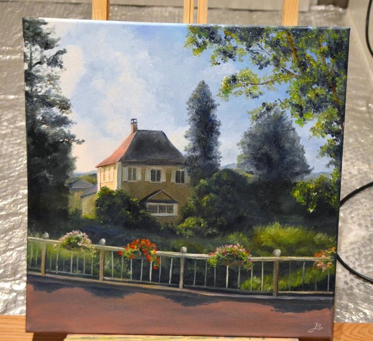 a painting of a house with a fence adorned with hanging flowers