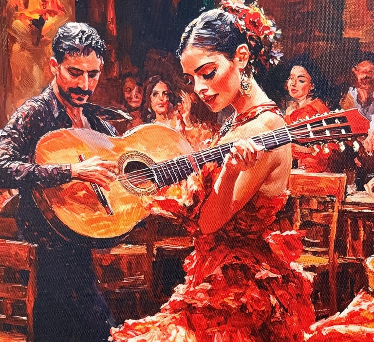 a painting of a Authentic Spanish woman in a red dress dancing