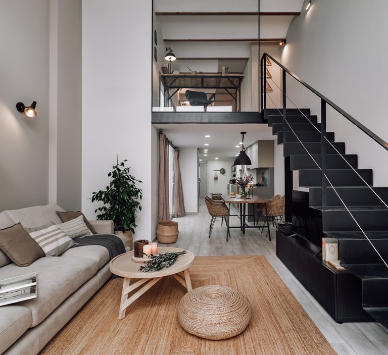 Dining area with iron staircase and wooden dining table, natural textiles and colours design