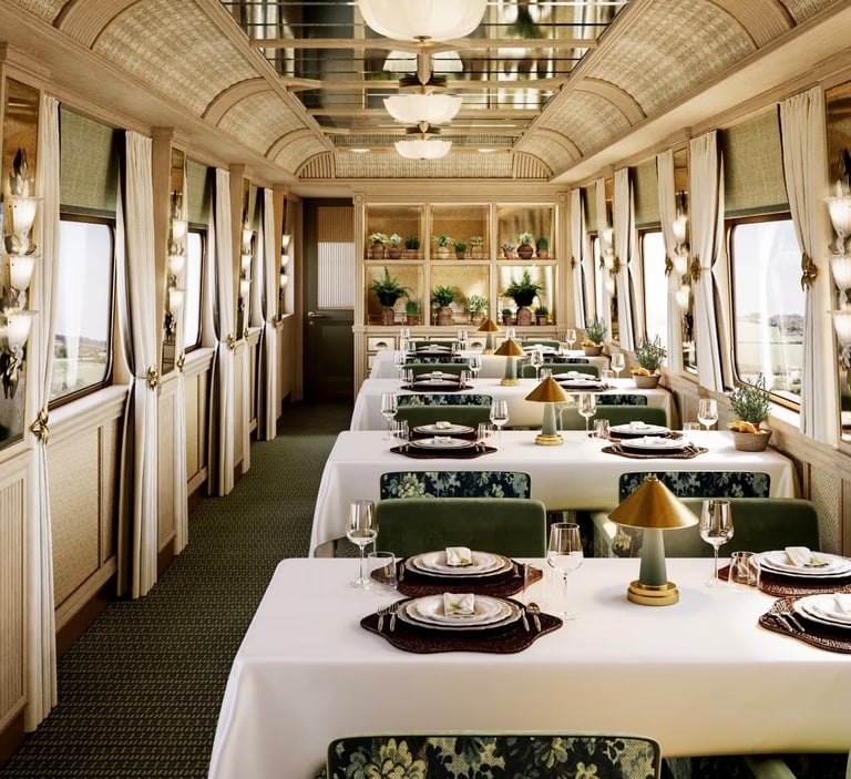 Luxury train dining car of the Britannic Explorer.