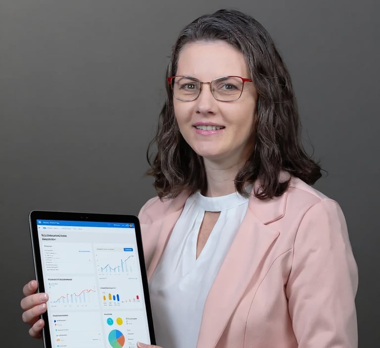 Michelli está mostrando um tablet com vários gráficos e dados empresariais.