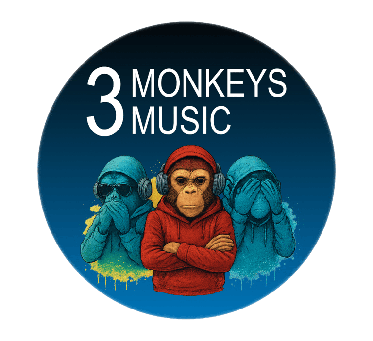 3 Monkeys Music logo. Hear no evil, see no evil, just play great music.