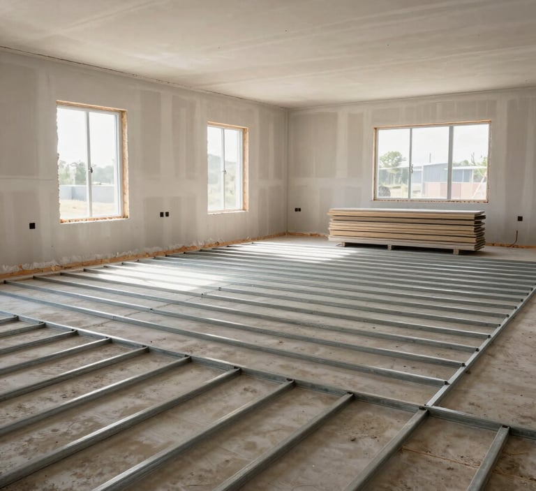 Wide environmental shot of a clean drywall framing interior mid-progress, metal studs aligned in precise rows across a gutted room, north-facing daylight streaming through unfinished window openings, dust barriers sealed at room edges, materials stacked flat against the far wall, no workers present – the site documents itself