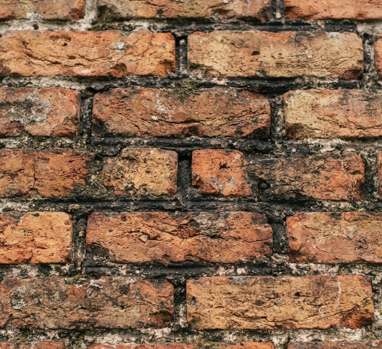 Close-up of weathered brick chimney masonry under a soft New England overcast sky, sharp focus on the mortar joints, warm brick and deep charcoal tones.