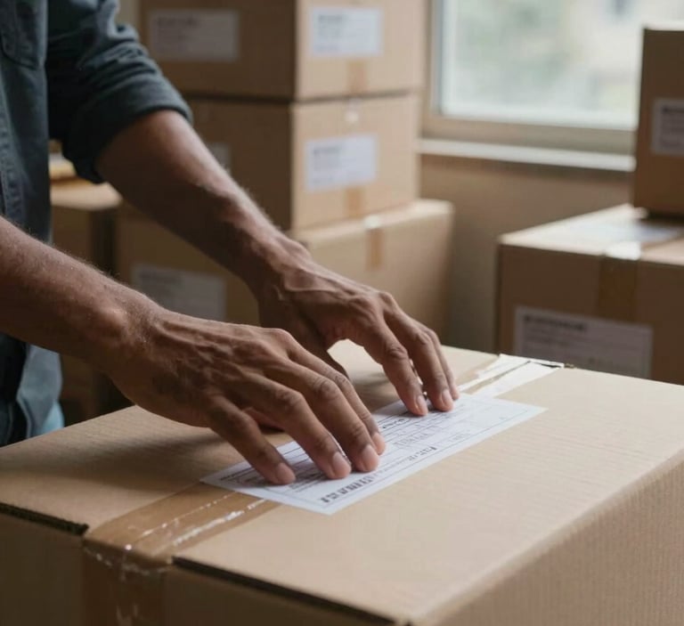 Close-up of hands pressing a printed label onto a cardboard box inside a Mumbai apartment, overcast north-facing daylight through a window, stacked labelled boxes filling the background, moving in progress