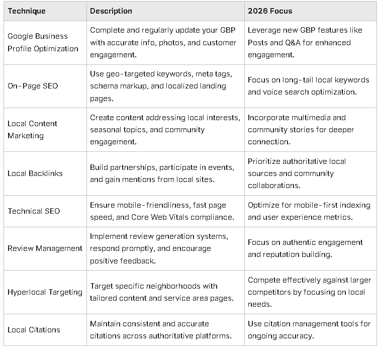 Table describing SEO techniques, descriptions, and 2026 focus insights.
