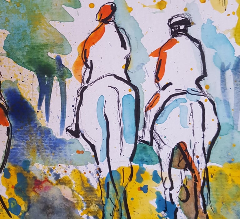 My mixed media painting of a group of people riding horses