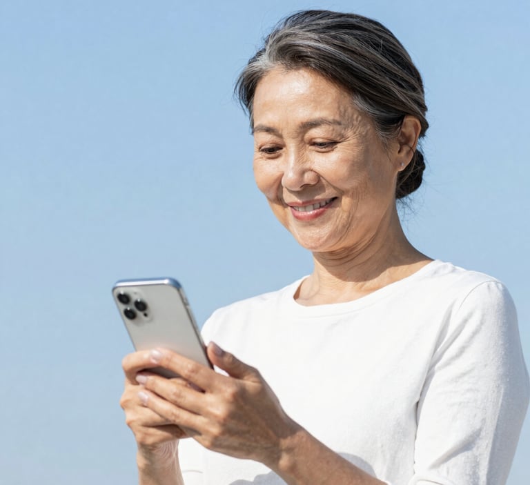 Approachable eye-level portrait of a smiling mature woman holding a smartphone, bright natural daylight, clean blue and white tones, soft background focus