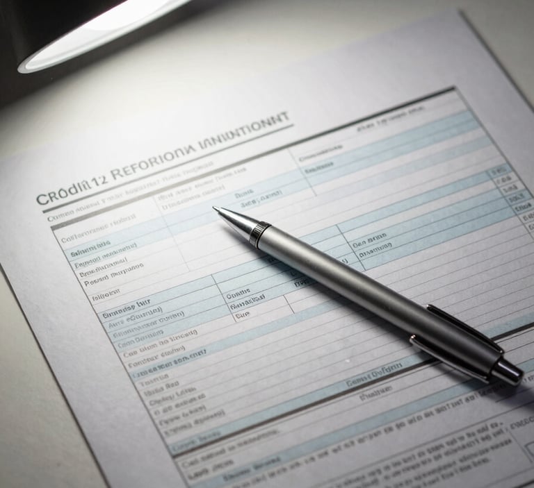 Close-up overhead composition on a clean desk: a printed credit report with highlighted rows and a ballpoint pen resting across it, task lamp casting sharp directional light from the upper left, white paper filling the frame edge to edge, no faces or hands visible