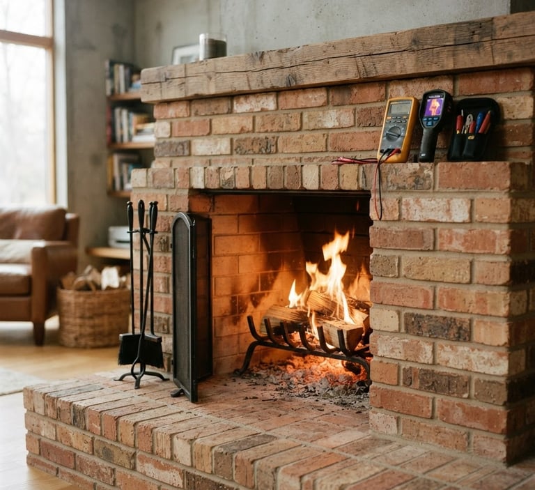 Clean, glowing brick hearth with warm fire, modern diagnostic tools resting nearby, natural overcast daylight, editorial masonry photography